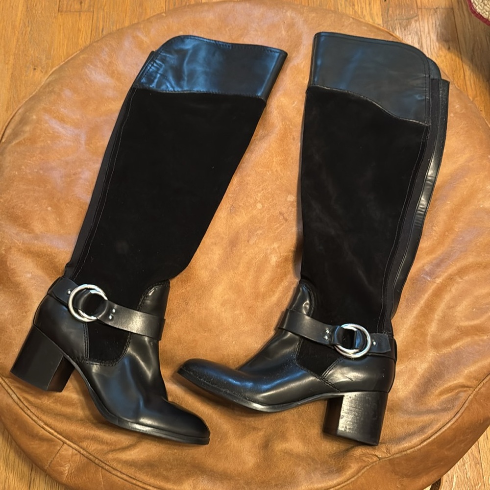 Women’s Marc Fisher OVER THE KNEE boots size 7.5 black leather/suede silver